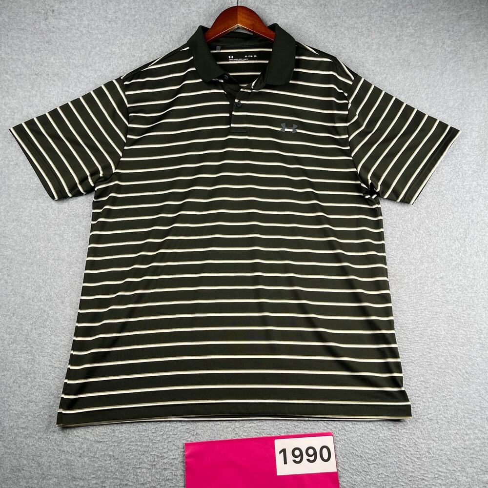 Under Armour Performance Polo Shirt Heatgear Green White Striped Stretch Golf XL